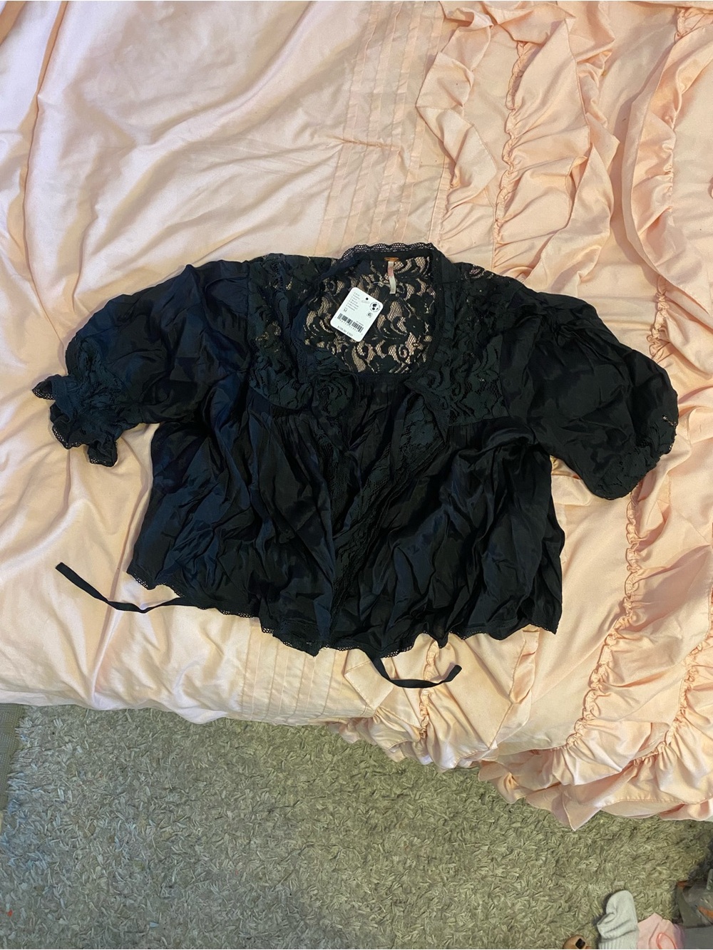 Free People Black Lace-Back Short Sleeve Women's Top